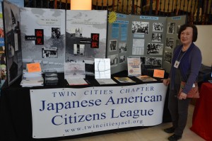 Sally Sudo staffs the Twin Cities JACL Education Committee display booth at the Minnesota Council for the Social Studies and Great Lakes Regional 2014 Annual Conference, Bloomington, MN, March 3, 2014. The chapter's tri-fold displays on incarceration and the Military Intelligence Service Language School were exhibited. Resources materials were distributed for no charge to interested teachers. Photo credit: Cheryl Hirata-Dulas.