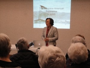 First-hand experiences during World War II were shared by Sally Sudo at the My Mankato "One Book, One Community" program on March 20, 2014. The speaking engagement was the first of three accompanying events around the book, "When the Emperor was Divine" by Julie Otsuka. Photo credit: Lucy Lowery