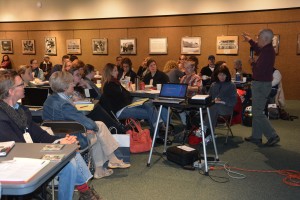 Greg Marutani speaks to educators at the teacher training workshop on the Japanese American WWII Experience, held at Historic Fort Snelling Visitors Center, April 24, 2015.